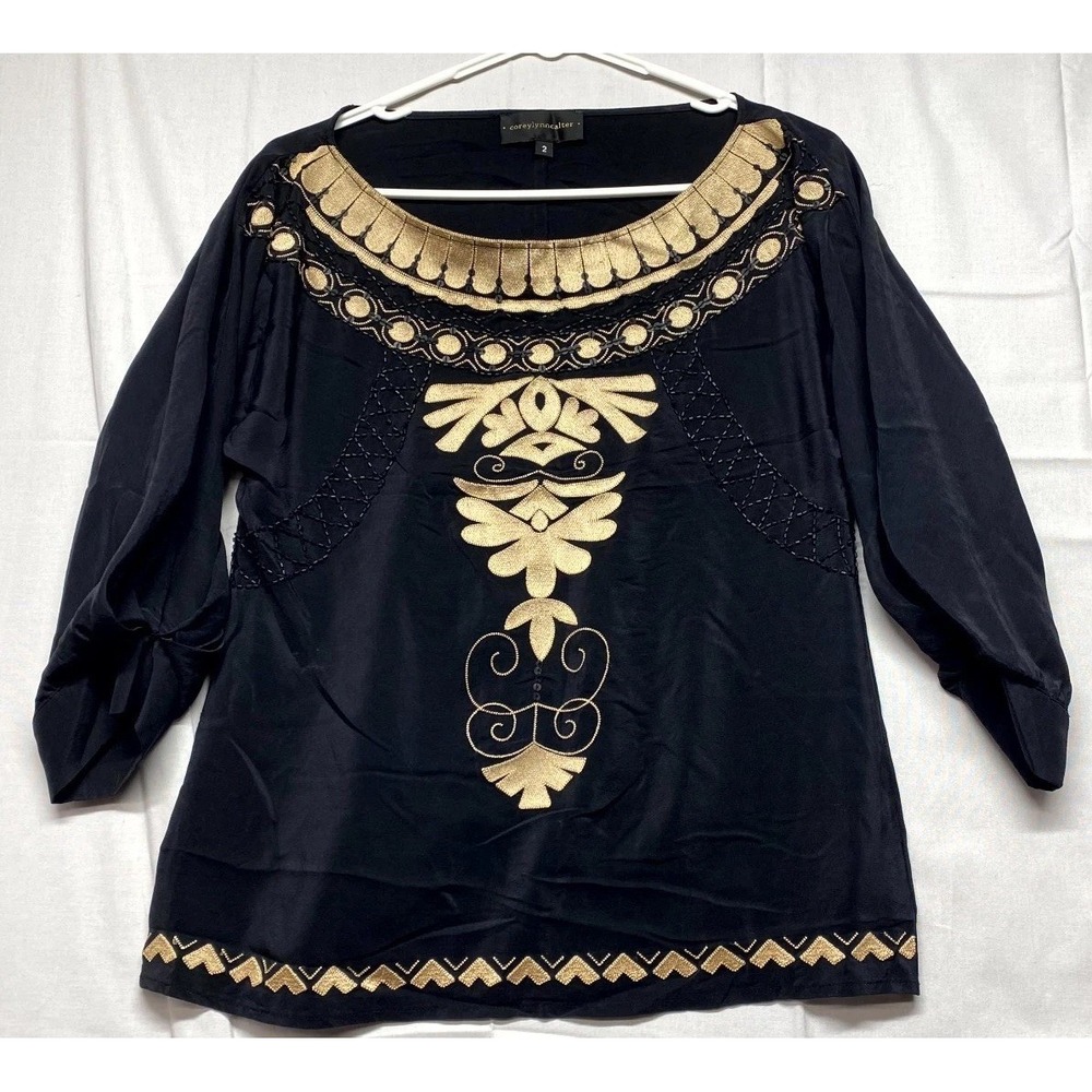 Corey Lynn Calter Blouse Top Womens 2 Black Silk Gold Embroidered Beaded Neck